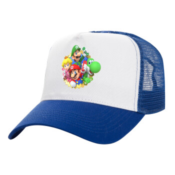 Super mario and Friends, Adult Structured Trucker Hat, with Mesh, WHITE/BLUE (100% COTTON, ADULT, UNISEX, ONE SIZE)