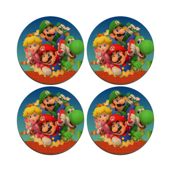 Super mario and Friends, ΣΕΤ x4 Σουβέρ ξύλινα στρογγυλά plywood (9cm)