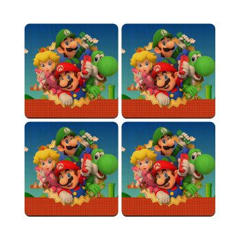 Super mario and Friends, ΣΕΤ x4 Σουβέρ ξύλινα τετράγωνα plywood (9cm)