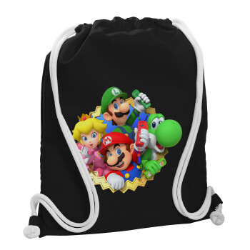 Super mario and Friends, Backpack pouch GYMBAG Black, with pocket (40x48cm) & thick white cords