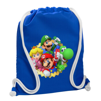 Super mario and Friends, Backpack pouch GYMBAG Blue, with pocket (40x48cm) & thick cords