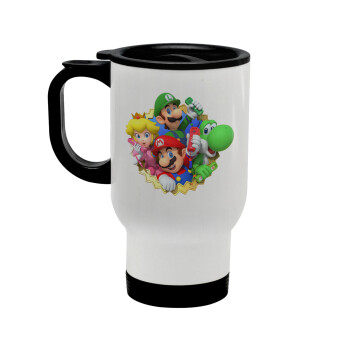 Super mario and Friends, Stainless steel travel mug with lid, double wall white 450ml