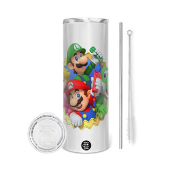 Super mario and Friends, Eco friendly ποτήρι θερμό (tumbler) από ανοξείδωτο ατσάλι 600ml, με μεταλλικό καλαμάκι & βούρτσα καθαρισμού