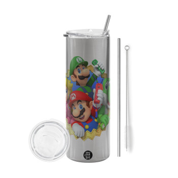 Super mario and Friends, Eco friendly stainless steel Silver tumbler 600ml, with metal straw & cleaning brush
