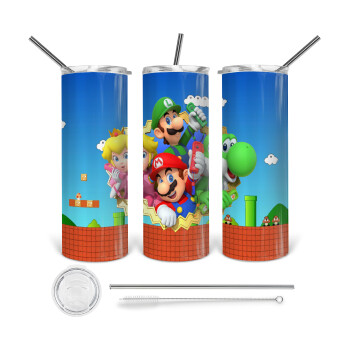 Super mario and Friends, 360 Eco friendly ποτήρι θερμό (tumbler) από ανοξείδωτο ατσάλι 600ml, με μεταλλικό καλαμάκι & βούρτσα καθαρισμού