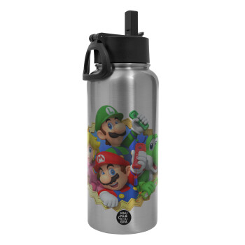 Super mario and Friends, Μεταλλικό παγούρι θερμός Silver με καλαμάκι και χερούλι (Stainless steel), διπλού τοιχώματος, 950ml