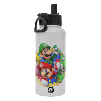 Super mario and Friends, Metal mug thermo White with Straw and Spout Lid (Stainless steel), double wall, 950ml