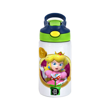 Princess Peach Toadstool, Children's hot water bottle, stainless steel, with safety straw, green, blue (350ml)