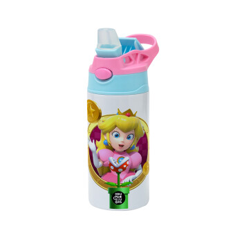 Princess Peach Toadstool, Children's hot water bottle, stainless steel, with safety straw, Pink/BlueCiel (360ml) BPA FREE