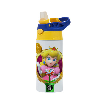 Princess Peach Toadstool, Children's hot water bottle, stainless steel, with safety straw, green, blue (360ml) BPA FREE