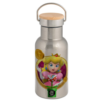 Princess Peach Toadstool, Stainless steel metallic thermos flask, silver with a bamboo lid, double-walled, 350ml.