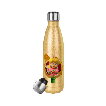 Princess Peach Toadstool, Μεταλλικό παγούρι θερμός Glitter χρυσό (Stainless steel), διπλού τοιχώματος, 500ml