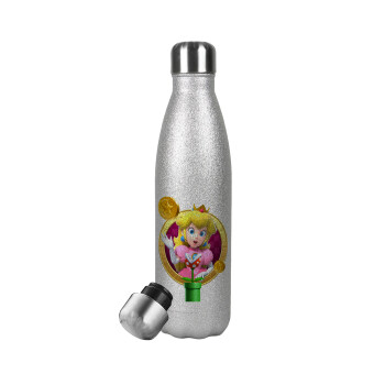 Princess Peach Toadstool, Metallic Glitter Silver Thermos Flask (Stainless steel), double-walled, 500ml