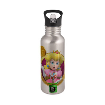 Princess Peach Toadstool, Water bottle Silver with straw, stainless steel 600ml