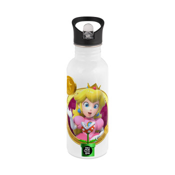 Princess Peach Toadstool, White water bottle with straw, stainless steel 600ml