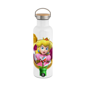 Princess Peach Toadstool, Μεταλλικό παγούρι θερμός (Stainless steel) Λευκό με ξύλινο καπακι (bamboo), διπλού τοιχώματος, 750ml