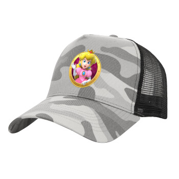 Princess Peach Toadstool, Adult Structured Trucker Hat, with Mesh, (Camouflage) Army Camo (100% COTTON, ADULT, UNISEX, ONE SIZE)