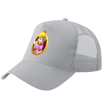 Princess Peach Toadstool, Adult Structured Trucker Hat, with Mesh, GRAY (100% COTTON, ADULT, UNISEX, ONE SIZE)