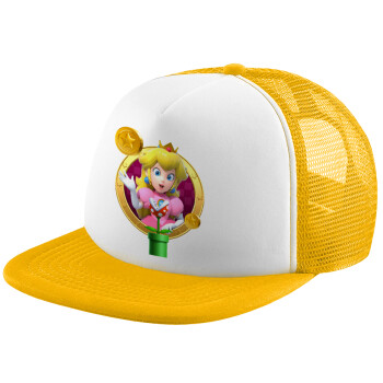 Princess Peach Toadstool, Adult Soft Trucker Hat with Yellow/White Mesh (POLYESTER, ADULT, UNISEX, ONE SIZE)