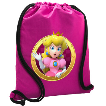 Princess Peach Toadstool, Τσάντα πλάτης πουγκί GYMBAG Φούξια, με τσέπη (40x48cm) & χονδρά κορδόνια
