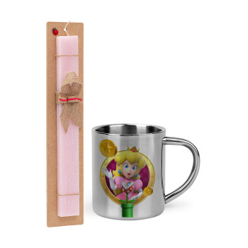 Princess Peach Toadstool, Easter Set, metallic thermal cup (300ml) & aromatic flat Easter candle (30cm) (PINK)