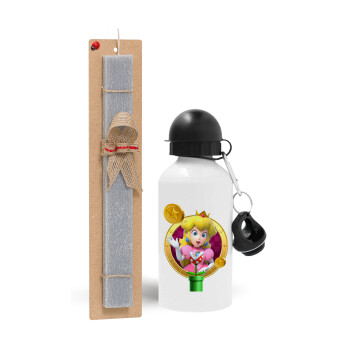 Princess Peach Toadstool, Easter Set, metallic aluminum water bottle (500ml) & aromatic flat Easter candle (30cm) (GRAY)