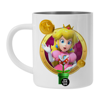 Princess Peach Toadstool, Λευκή Ανοξείδωτη Μεταλλική Κούπα 450ml - Διπλού Τοιχώματος 