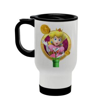 Princess Peach Toadstool, Stainless steel travel mug with lid, double wall white 450ml