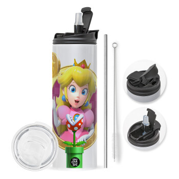 Princess Peach Toadstool, Travel Tumbler θερμό με διπλό καπάκι, μεταλλικό καλαμάκι και βούρτσα καθαρισμού (Ανωξείδωτο 304 Food grade, BPA free, 600ml)