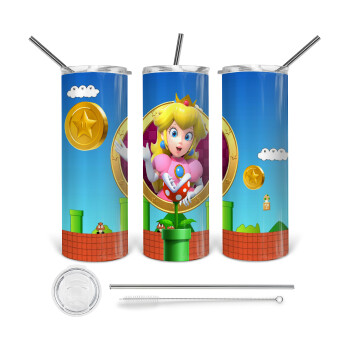 Princess Peach Toadstool, 360 Eco friendly ποτήρι θερμό (tumbler) από ανοξείδωτο ατσάλι 600ml, με μεταλλικό καλαμάκι & βούρτσα καθαρισμού