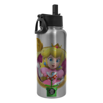 Princess Peach Toadstool, Μεταλλικό παγούρι θερμός Silver με καλαμάκι και χερούλι (Stainless steel), διπλού τοιχώματος, 950ml