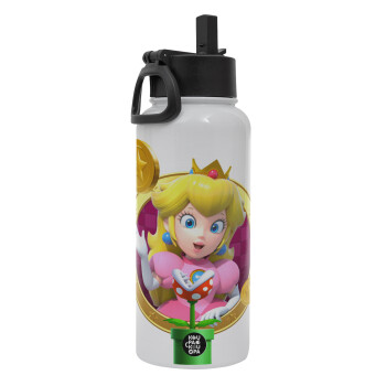 Princess Peach Toadstool, Μεταλλικό παγούρι θερμός Λευκό με καλαμάκι και χερούλι (Stainless steel), διπλού τοιχώματος, 950ml