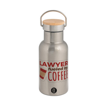 Lawyer fueled by coffee, Stainless steel metallic thermos flask, silver with a bamboo lid, double-walled, 350ml.