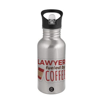 Lawyer fueled by coffee, Water bottle Silver with straw, stainless steel 500ml