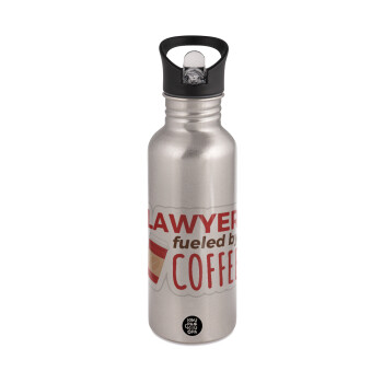 Lawyer fueled by coffee, Water bottle Silver with straw, stainless steel 600ml