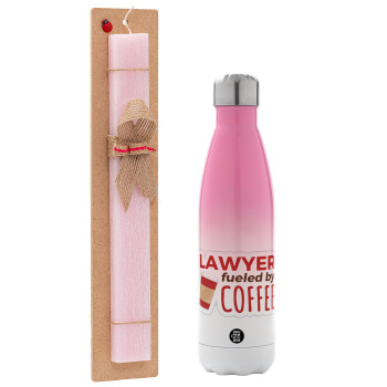 Lawyer fueled by coffee, Easter Set, Metallic pink/white (Stainless steel) thermos, double-walled, 500ml & aromatic flat Easter candle (30cm) (PINK)