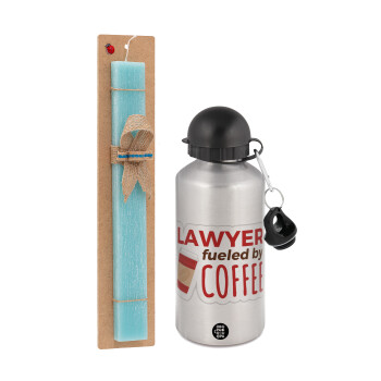 Lawyer fueled by coffee, Easter Set, metallic silver aluminum water bottle (500ml) & scented flat Easter candle (30cm) (TURQUOISE)