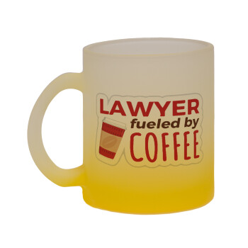 Lawyer fueled by coffee, Κούπα γυάλινη δίχρωμη με βάση το κίτρινο ματ, 330ml