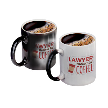 Lawyer fueled by coffee, Color changing magic Mug, ceramic, 330ml when adding hot liquid inside, the black colour desappears (1 pcs)