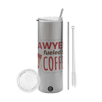 Lawyer fueled by coffee, Tumbler stainless steel Silver 600ml, with metal straw & cleaning brush