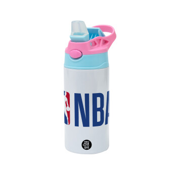 NBA Classic, Children's hot water bottle, stainless steel, with safety straw, Pink/BlueCiel (360ml) BPA FREE