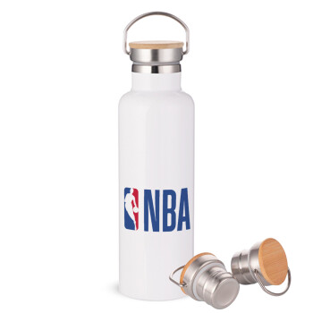 NBA Classic, Stainless steel White with wooden lid (bamboo), double wall, 750ml