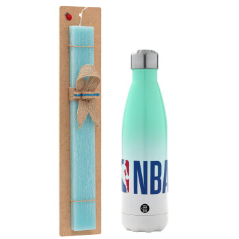 NBA Classic, Easter Set, Metallic green/white thermos (Stainless steel), double-walled, 500ml & scented flat Easter candle (30cm) (TURQUOISE)