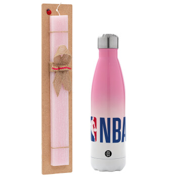 NBA Classic, Πασχαλινό Σετ, Μεταλλικό παγούρι θερμός Ροζ/Λευκό (Stainless steel), διπλού τοιχώματος, 500ml & πασχαλινή λαμπάδα αρωματική πλακέ (30cm) (ΡΟΖ)