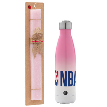 NBA Classic, Easter Set, Metallic pink/white (Stainless steel) thermos, double-walled, 500ml & aromatic flat Easter candle (30cm) (PINK)