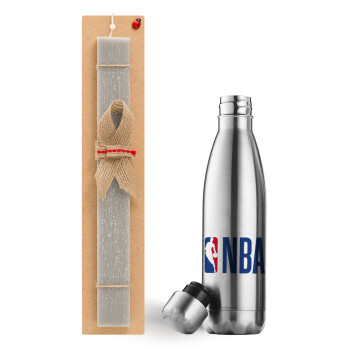 NBA Classic, Easter Set, metallic stainless thermos flask (500ml) & scented flat Easter candle (30cm) (GRAY)