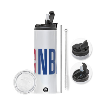 NBA Classic, Travel Tumbler θερμό με διπλό καπάκι, μεταλλικό καλαμάκι και βούρτσα καθαρισμού (Ανωξείδωτο 304 Food grade, BPA free, 600ml)