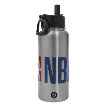 NBA Classic, Metal mug thermo Silver with Straw and Spout Lid (Stainless steel), double wall, 950ml