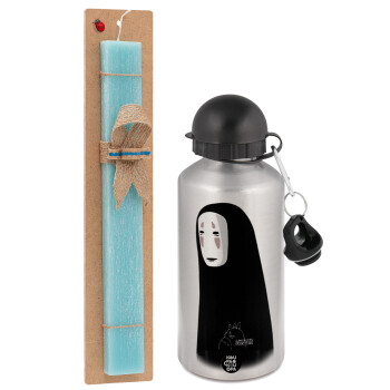 Spirited Away No Face, Easter Set, metallic silver aluminum water bottle (500ml) & scented flat Easter candle (30cm) (TURQUOISE)