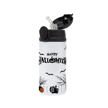 Happy Halloween cemetery, Children's hot water bottle, stainless steel, with safety straw, Black (360ml) BPA-FREE